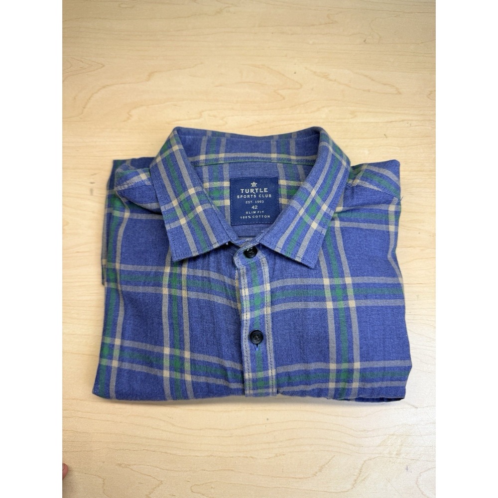 Turtle Sports Club Shirt Mens 42 Green Blue Plaid Long Sleeve Slim Fit Button-Up